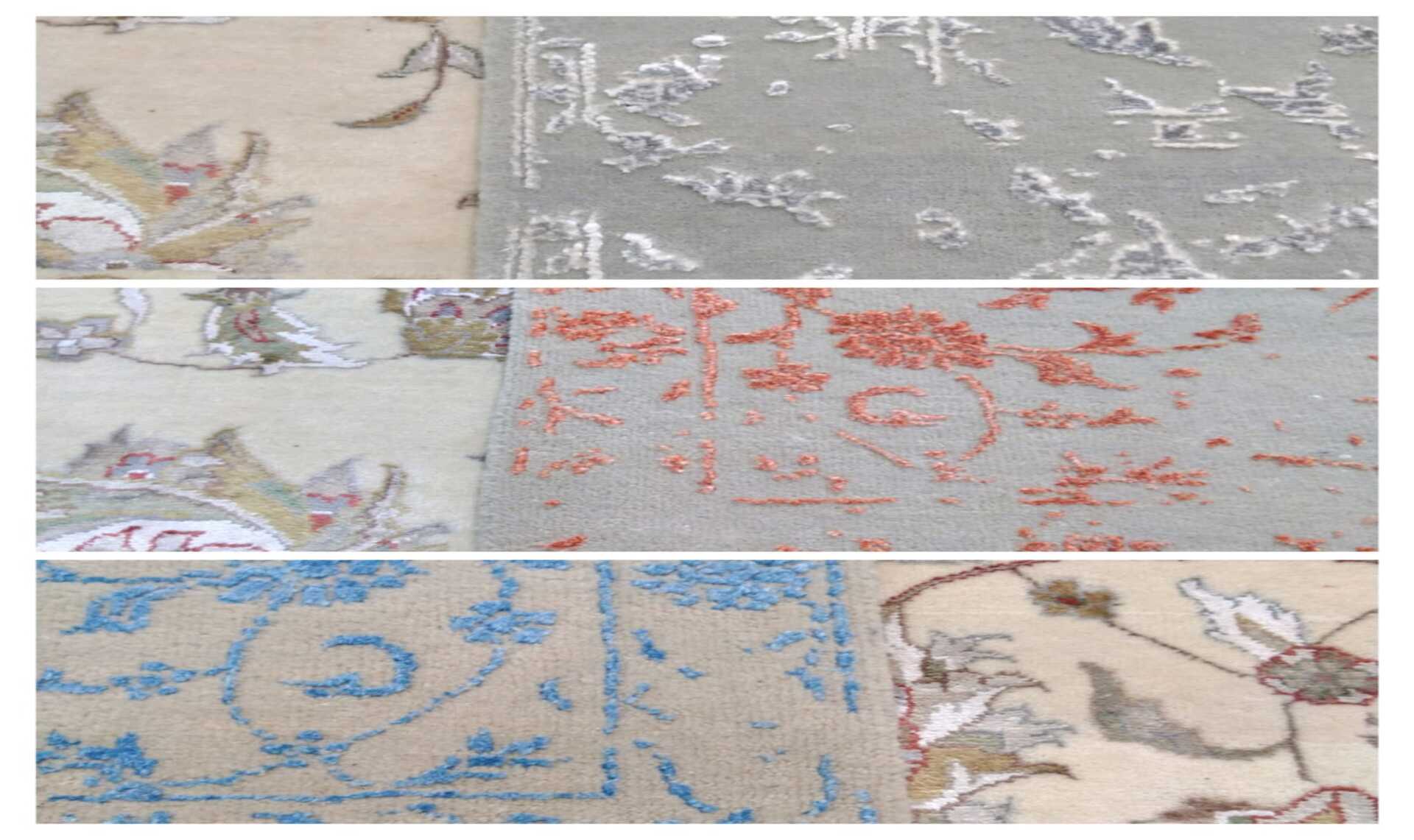 Close-up of floral rug patterns in soft blue, coral and ivory