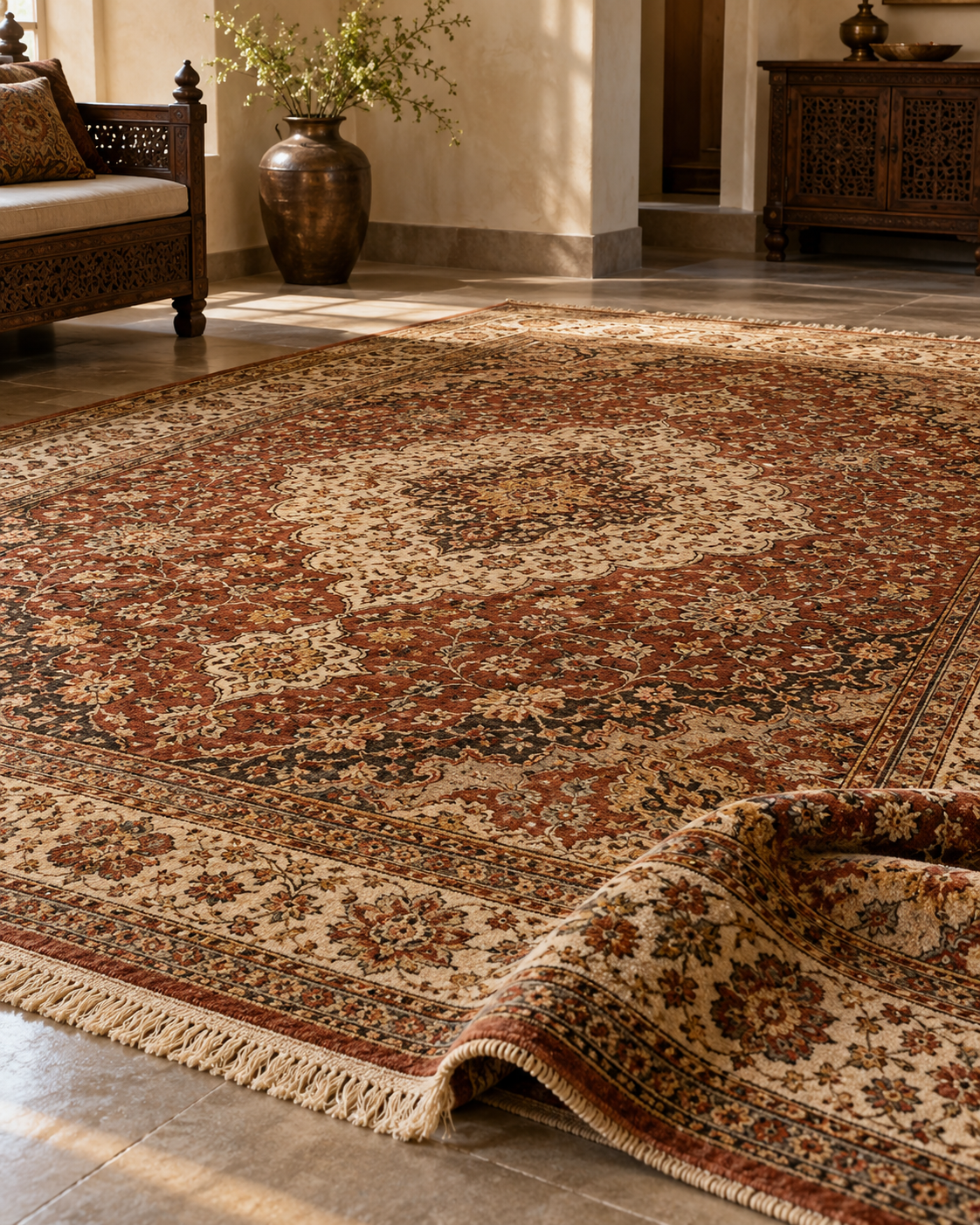 Classic patterned rug displayed in a warm heritage showroom